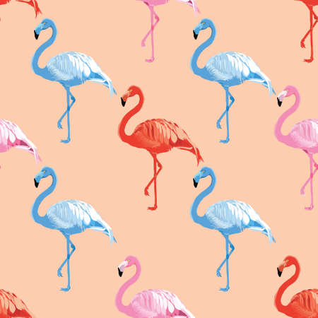 Seamless Flamingo bird pattern design on a peach background. Trendy design for textile, fabric, packaging, backdrop, wallpaper. Surface pattern design.のイラスト素材