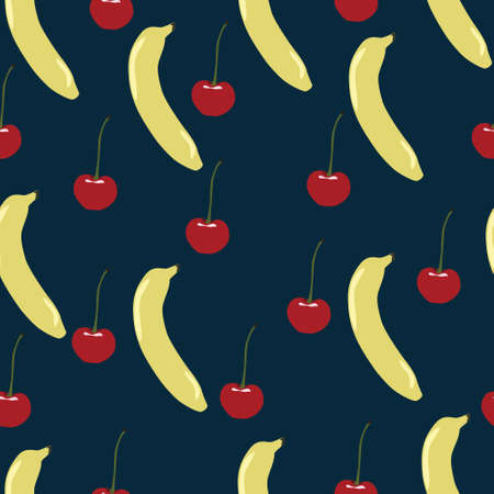 Yellow bananas and red cherries vector seamless pattern with beautiful dark background. Great as a textile print, fabric, wallpaper, packaging or giftwrap and invitation card. Surface Pattern Design.のイラスト素材