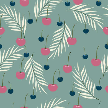 Colorful cherries and white leaf vector seamless pattern with beautiful background. Great as a textile print, fabric, wallpaper, packaging or giftwrap and invitation card. Surface Pattern Design.のイラスト素材