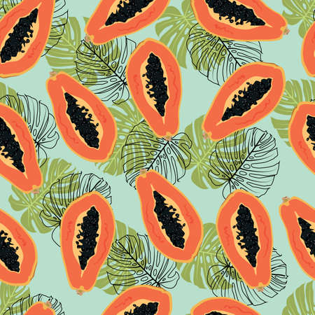 Papaya fruits with tropical leaves seamless pattern background, fresh organic food, tropical fruit vector illustration. Trendy for fabric, textile print, wallpaper, wrapping or packaging.のイラスト素材