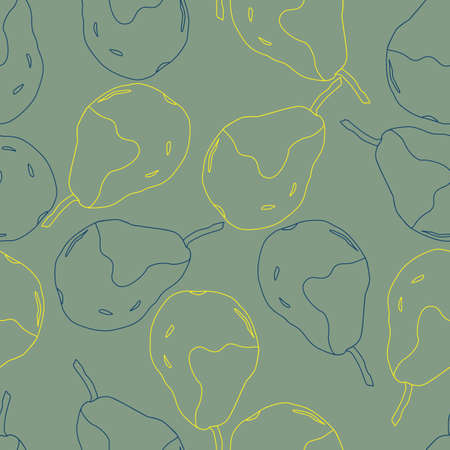 Pear fruits line art blue yellow seamless pattern background, fresh organic food, tropical fruit vector illustration. Trendy for fabric, textile print, wallpaper, wrapping or packaging.のイラスト素材