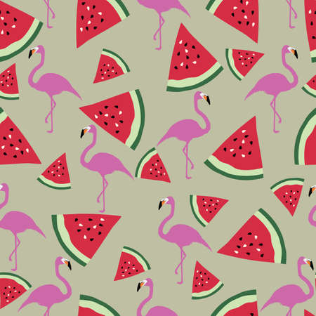Watermelon fruit with pink flamingo bird summer vector seamless pattern design. Trendy for fabric, textile print, wallpaper, invitation, wrapping, background or packaging.のイラスト素材