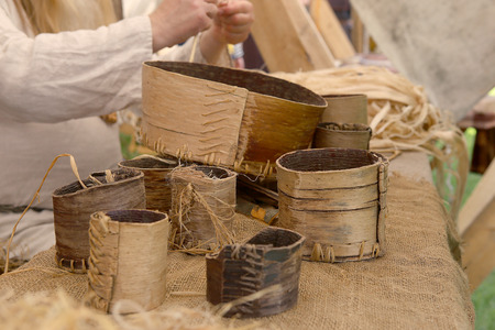 Medieval birch bark ware. Ancient crafts.の写真素材