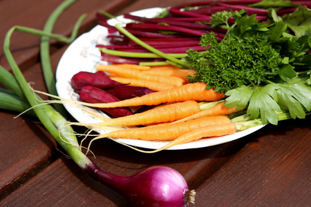 Vegetables: carrots, beetroot, parsley, onion. Fresh raw vegetable soup ingredients.の写真素材