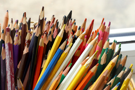 Colorful pencils pile. Nibs of used color pencils.の写真素材