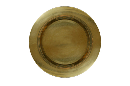 Vintage brass plate isolated on white background. Empty old metal plate or tray.の写真素材