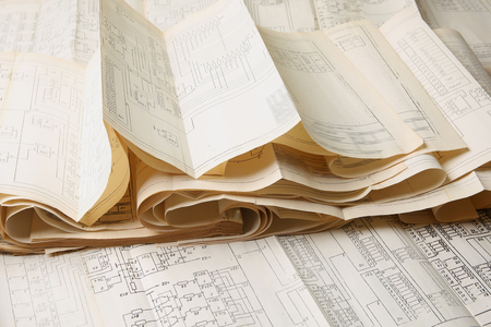 Old electric shemes. Vintage paper documents of electricity diagram.の写真素材