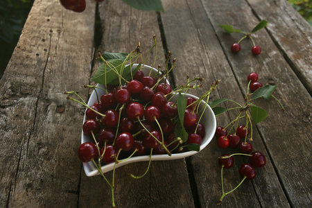 Freshly picked cherries in a heart shaped plate on a wooden table in a garden. Fresh ripe cherries harvested in bowl in summer garden.の写真素材