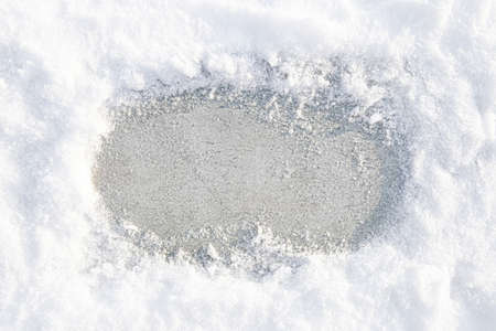 Snow frame background. Snow drift on stone tile.