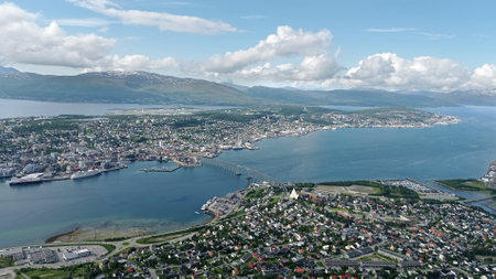 Panoramic view of Tromso city from Mt. Storsteinen in summer, northen Norway. A famous view from the top of fjellheisen, Tromso.の写真素材