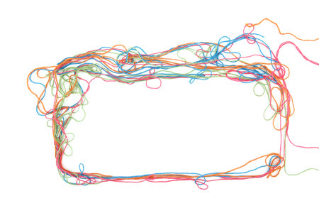 Frame of tangled colorful cotton threads isolated on white background. Abstract thread lines chaos pattern.の写真素材