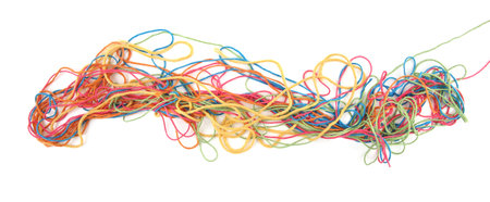 Tangled colorful cotton threads isolated on white background. Abstract thread lines chaos pattern.の写真素材