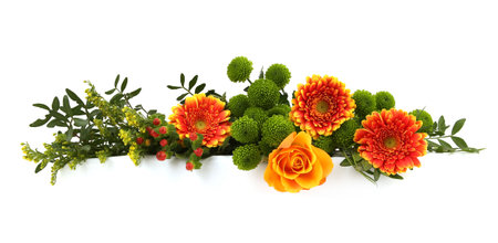 Border of Gerberas, Rose and Green Chrysanthemum isolated on white background. Arrangement of orange flowers and leaves.の写真素材