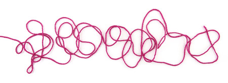 Tangled colorful cotton thread isolated on white background. Abstract thread lines chaos pattern.の写真素材