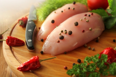 	Raw chicken breasts on cutting boardの写真素材