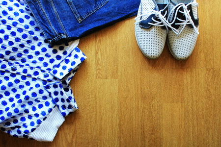 Collection of womens clothes. Jeans, shoes, bluose. Top viewの写真素材
