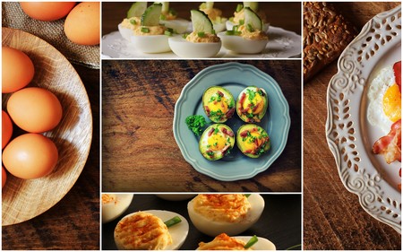 Easter background. Collage of delicious eggs recipes