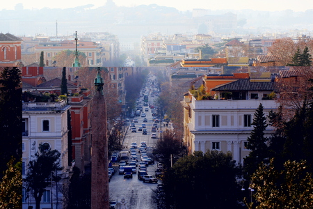 Rome, Italy - An Egyptian Obelisk of Ramesses II in Piazza del Popolo. The Flaminio Obelisk (Italian: Obelisco Flaminio) is one of the thirteen ancient obelisks in Rome, Italy.の写真素材