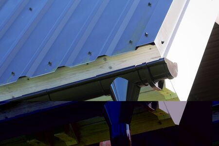 Rain Gutter Pipeline System Installation. Roofing Construction. Rain gutter system and roof...