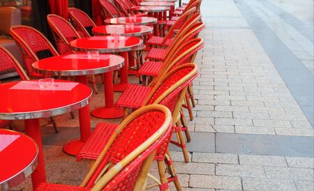 Coronavirus impact, empty restaurant and cafe tablesの写真素材