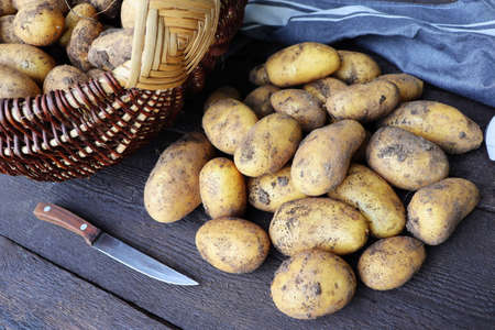 Basket full of fresh, young potatoes , towel and knife on wooden background, top viewの写真素材