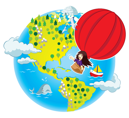 Little girl flying in the air balloonのイラスト素材