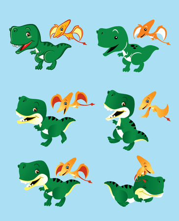 Illustration of two cute little dinosaurs in several different positionのイラスト素材