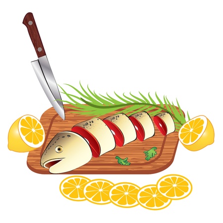 Vector fresh fish on cutting board isolated on white backgroundのイラスト素材