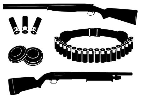 Set of vector shotgun and hunting equipment illustrationのイラスト素材