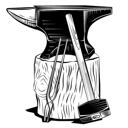 Vector blacksmith anvil on a stump with hummer and pincersのイラスト素材