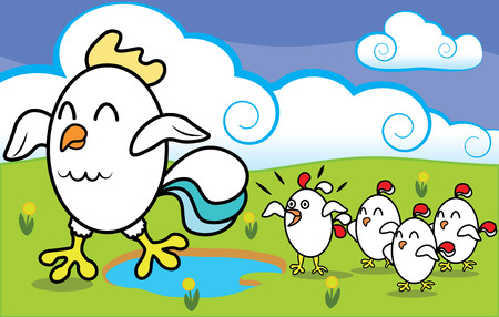 Funny cartoon chicken with chickens walking on ecologically clean grass at the farm vector illustrationのイラスト素材
