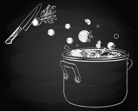 Cooking soup with vegetables on the chalkboard backgroundのイラスト素材