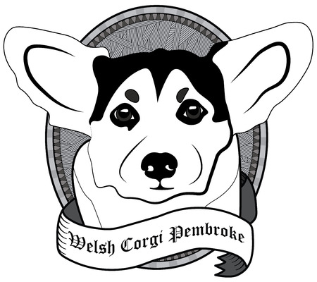 Vintage Welsh corgi pembroke Portrait. Emblem of a Dog in Black and Whiteのイラスト素材