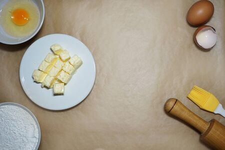 Ingredients for baking cake - flour, egg, butter.の写真素材