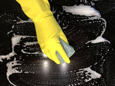 Concept of cleaning. Soap, medical gloves, rag, sponge.