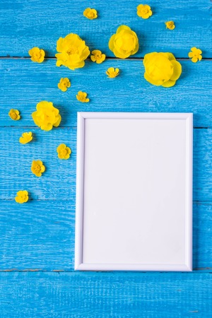 Basis for a banner with natural flowers and leaves. Frame for text with flowers and leaves.の写真素材