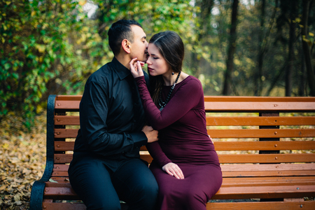 happy  couple posing in  parkの写真素材