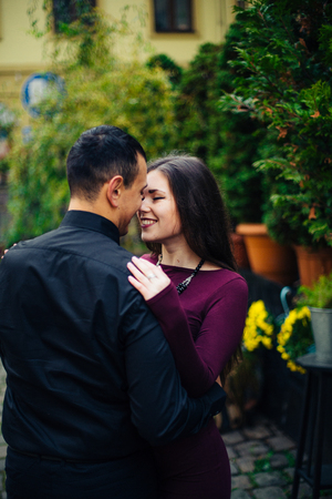 happy couple posing in  cityの写真素材