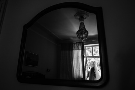 Happy bride is standing with her amazing dressの写真素材