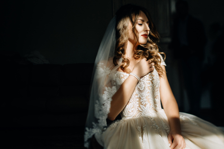 Mysterious picture of stunning bride hidden under light veilの写真素材