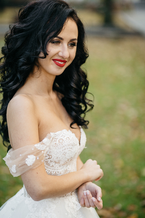 Beautiful bride in elegant white dressの写真素材