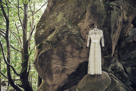 White Wedding Dress hanged on a tree in the forestの写真素材