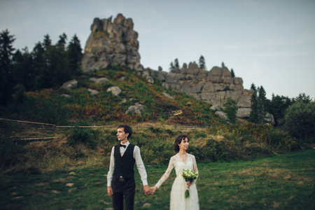 Gorgeous bride and stylish groom walking at sunny landscape, wedの写真素材