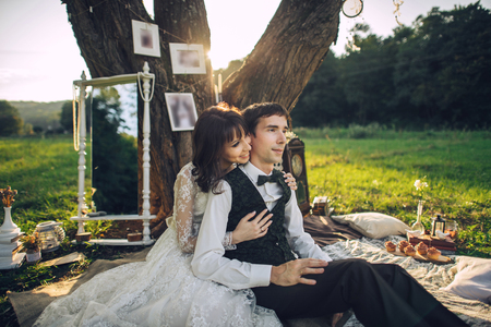 young couple in love having fun and enjoying the beautiful natureの写真素材