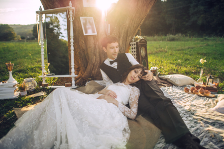 young couple in love having fun and enjoying the beautiful natureの写真素材
