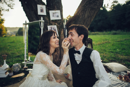 distant view of young caucasian engaged couple on romantic picnicの写真素材