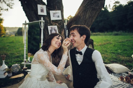distant view of young caucasian engaged couple on romantic picnicの写真素材