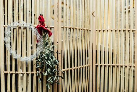 Wreath decoration at door for Christmas holidayの写真素材