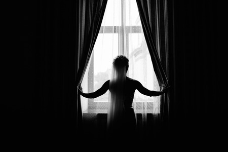 stylish luxury gorgeous blonde bride posing on the background hoの写真素材