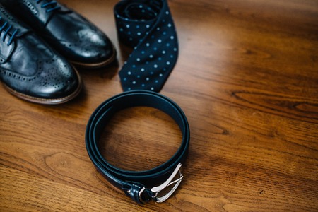 Male accessories. Shoes with tie and cuffの写真素材